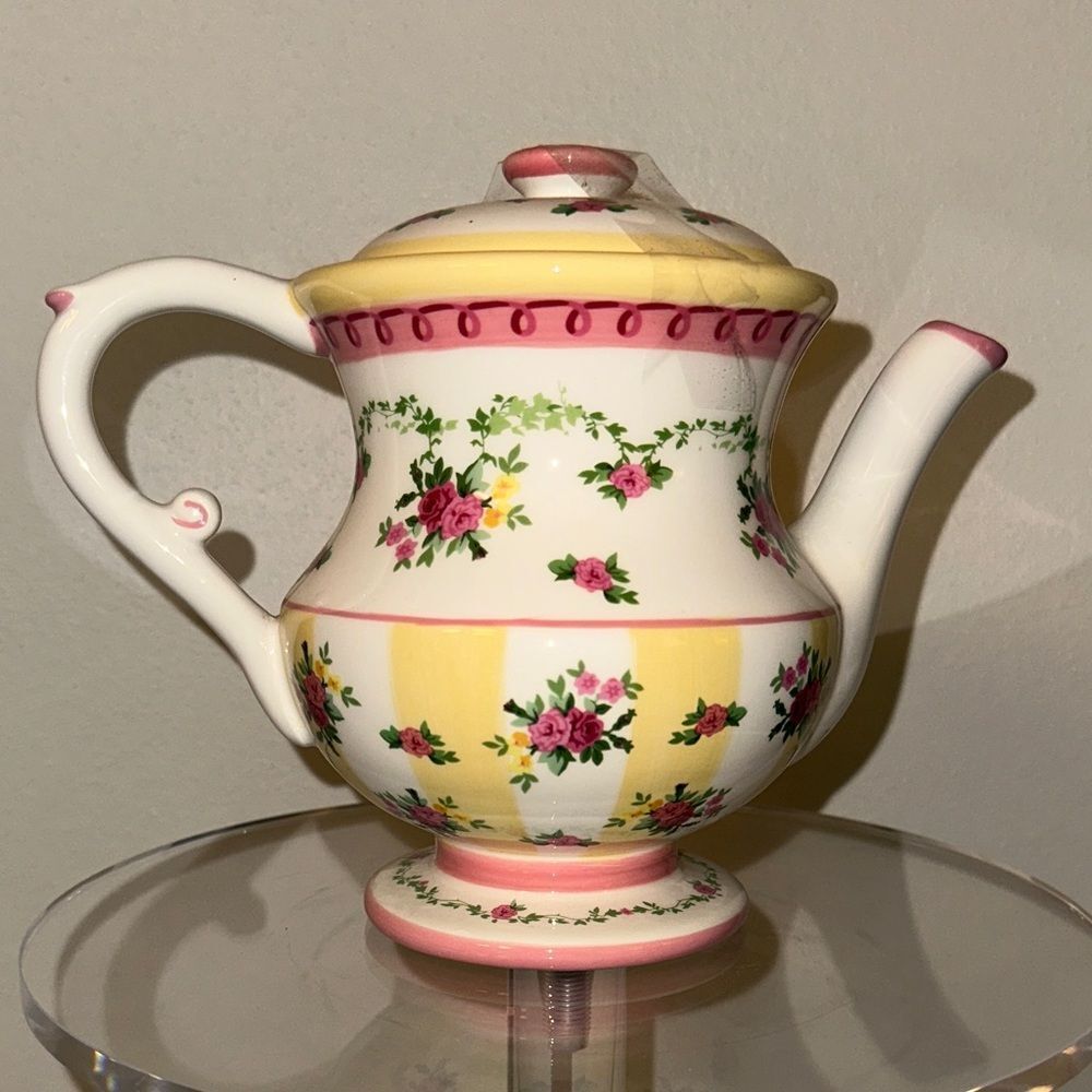 Laura Ashley ceramic floral pink yellow tea pitcher kettle